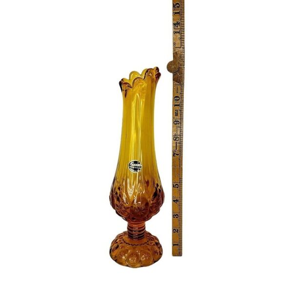 Vintage MCM Amber Celestial Stars Moon Stretch Swung Slag Kanawha Pedestal Vase - Picture 6 of 8